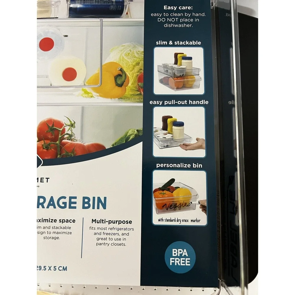 Clear Fridge‎ Organizer Bin w/ Handle 12x11x2 Plastic Storage Container